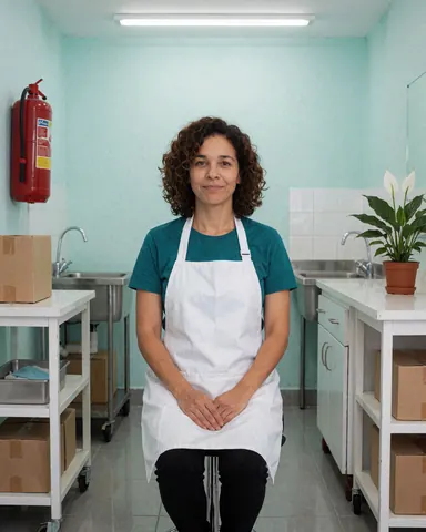 A cleaner in a white apron stands in a tidy home with turquoise walls, gray floors, and a plant on the counter.