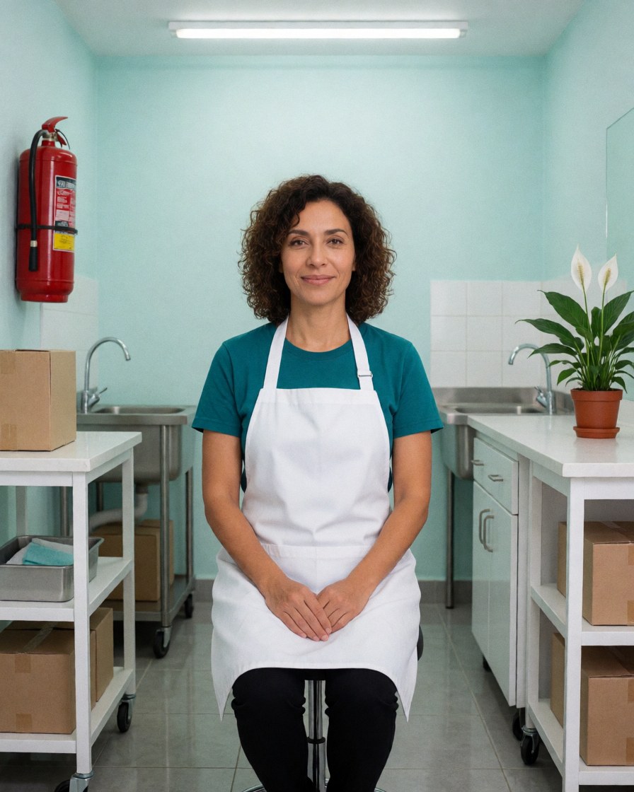 A cleaner in a white apron stands in a tidy home with turquoise walls, gray floors, and a plant on the counter.
