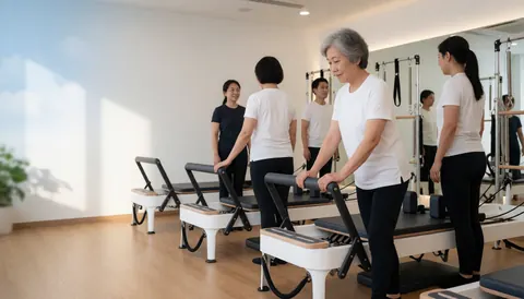 An older woman exercises on a pilates reformer machine in a modern studio with mirrors while others watch from behind