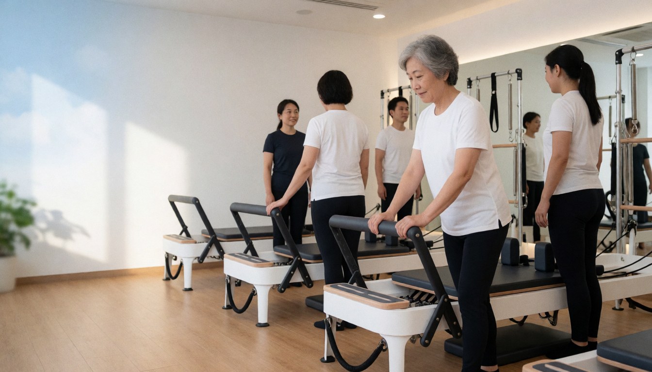 An older woman exercises on a pilates reformer machine in a modern studio with mirrors while others watch from behind