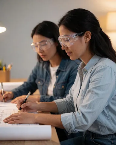 Two female engineers standing at a table reviewing technical blueprints and plans with pencils and glasses in a bright office setting