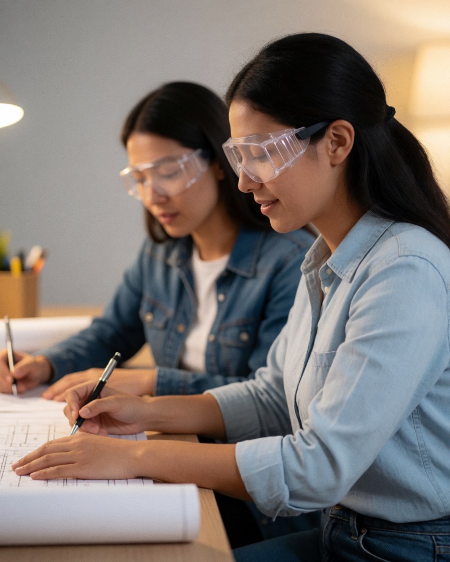 Two female engineers standing at a table reviewing technical blueprints and plans with pencils and glasses in a bright office setting