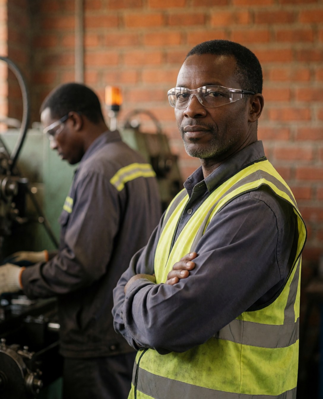 Factory supervisor wearing a reflective vest and safety glasses looks directly at the camera with a worker operating machinery in the background against a red brick wall.