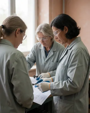 A team of female engineers working together at a table with technical drawings and tools in a well-lit industrial workshop setting