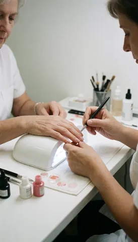 Close-up of a manicurist applying gel polish to a client's nails while the other hand rests under a UV curing lamp on a clean salon table.