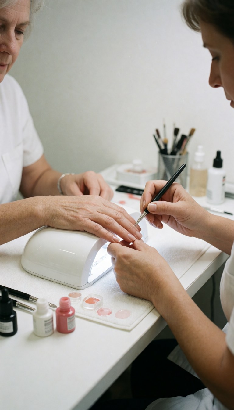 Close-up of a manicurist applying gel polish to a client's nails while the other hand rests under a UV curing lamp on a clean salon table.