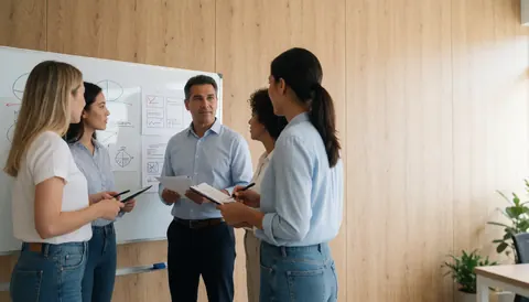 Diverse professionals gather around a whiteboard with diagrams in a bright modern office to discuss team strategies and business plans.
