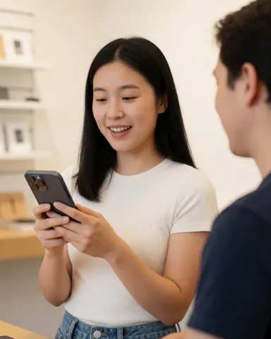 A smiling woman tests a smartphone in a store with a man beside her, both appearing satisfied with the technology experience.