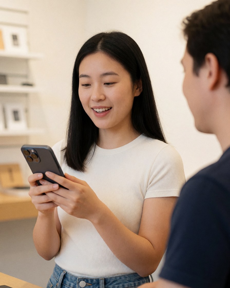 A smiling woman tests a smartphone in a store with a man beside her, both appearing satisfied with the technology experience.