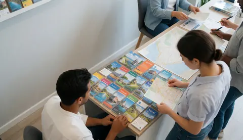 Travelers at a travel agency desk reviewing colorful destination maps and brochures in a clean professional setting