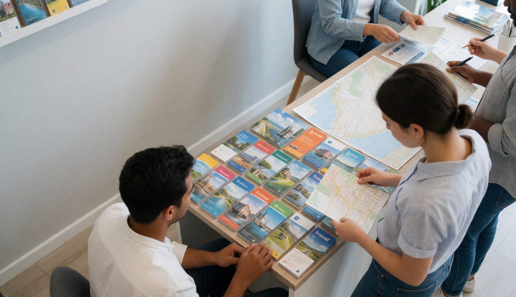 Travelers at a travel agency desk reviewing colorful destination maps and brochures in a clean professional setting