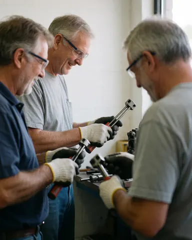 Three senior technicians collaborate in a workshop, wearing safety gloves and glasses while handling metal tools with focus and teamwork.