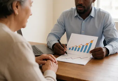 Financial advisor explains a growth chart to an older client seated at a wooden desk with a laptop in a sunlit office.
