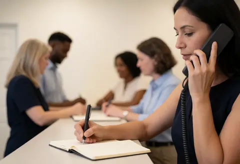 An insurance assistant writes in a notebook while talking on the phone in an office with blurred colleagues in the background