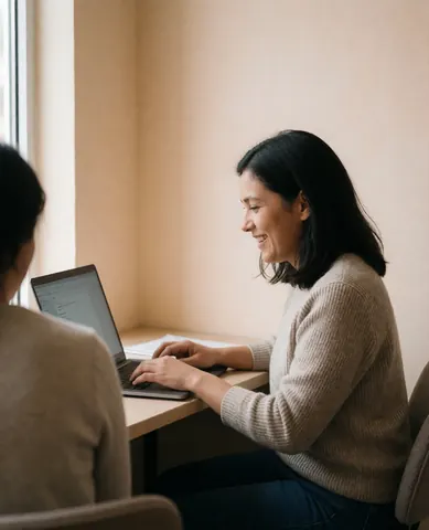 A smiling woman in casual business attire sits at a desk using a laptop in a bright, calm office environment with natural light.