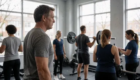A clean and modern gym interior featuring exercise equipment with a large empty space on the right side for text or graphics