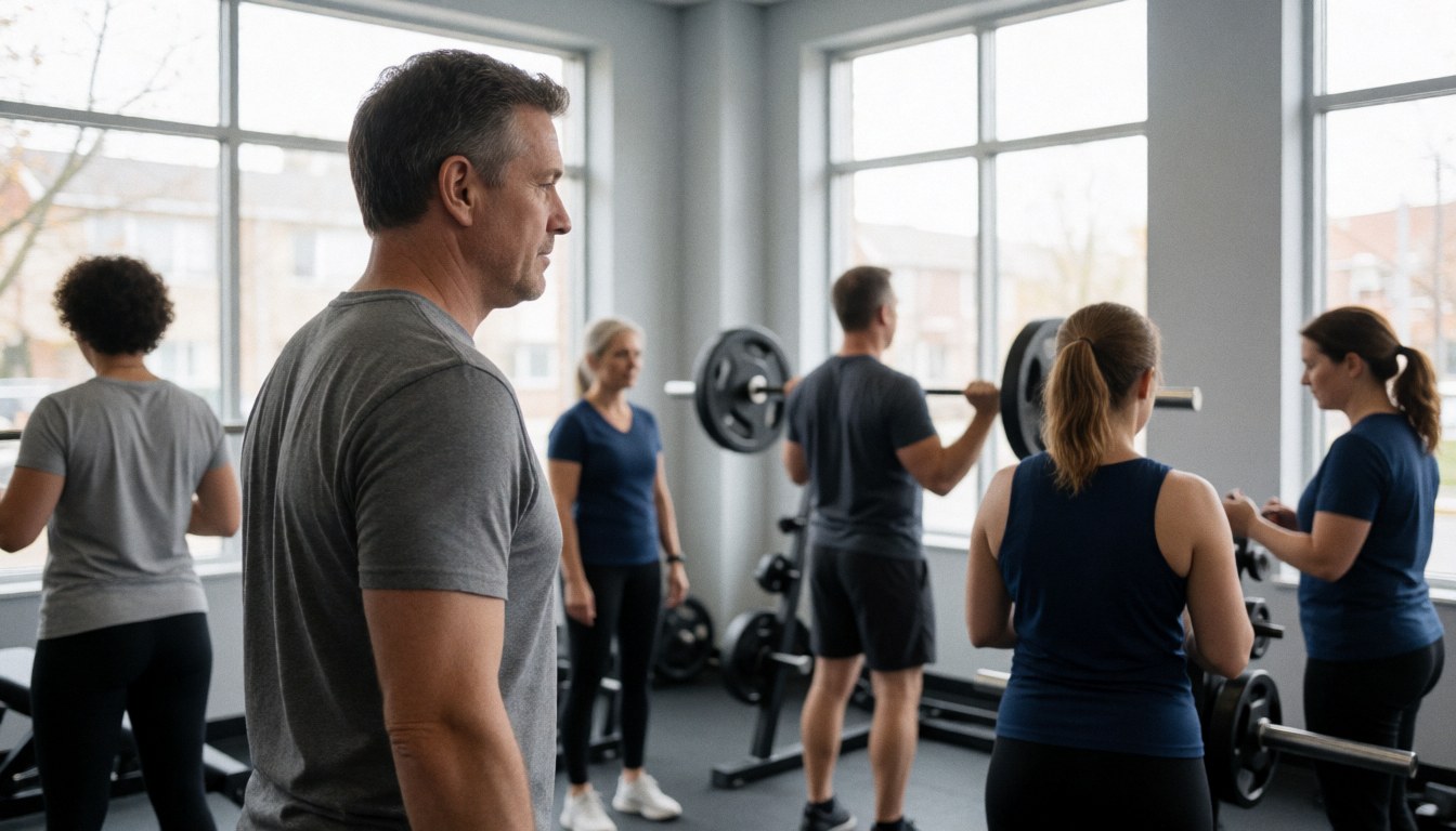 A clean and modern gym interior featuring exercise equipment with a large empty space on the right side for text or graphics
