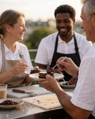 A couple enjoys a chocolate dessert on an outdoor terrace with a work table and kitchen utensils visible nearby.