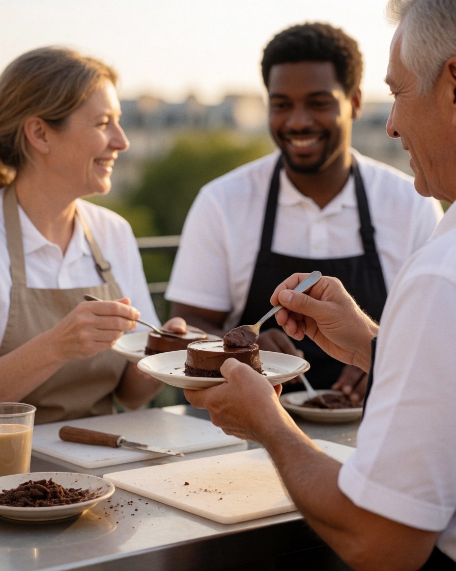 A couple enjoys a chocolate dessert on an outdoor terrace with a work table and kitchen utensils visible nearby.