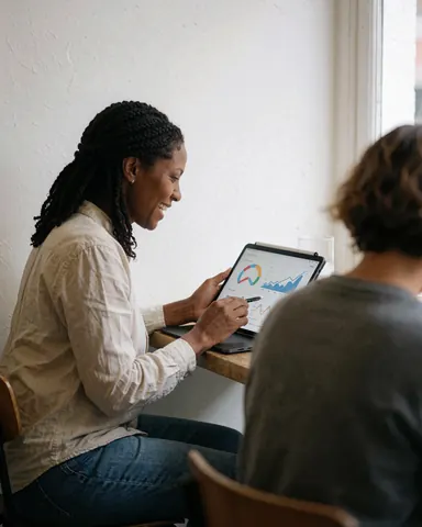 A happy business owner analyzes charts and data on a tablet while working at a desk with natural light and coffee nearby
