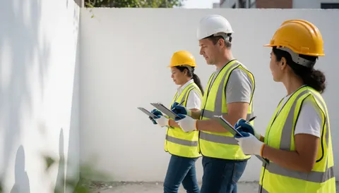 Three construction inspectors wearing yellow helmets and vests walk across a sunny job site carrying folders while reviewing the work.
