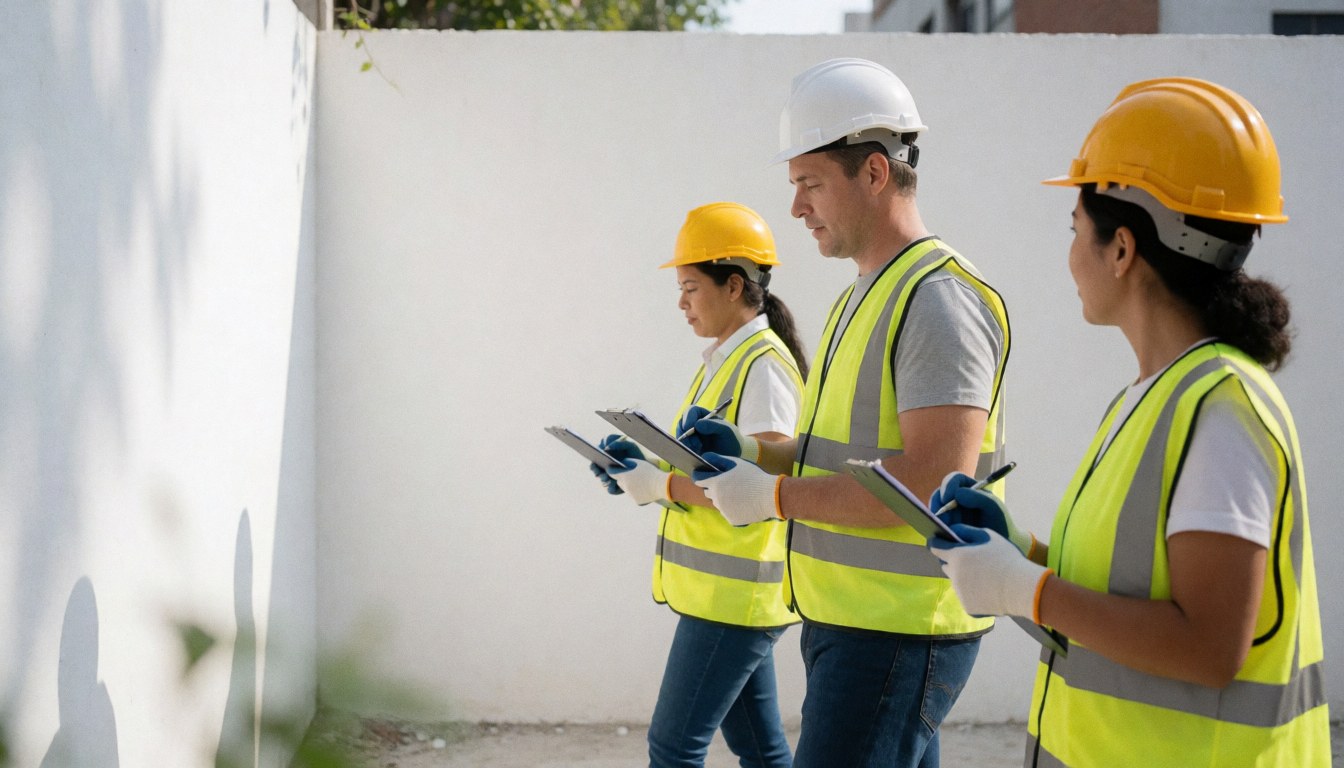 Three construction inspectors wearing yellow helmets and vests walk across a sunny job site carrying folders while reviewing the work.