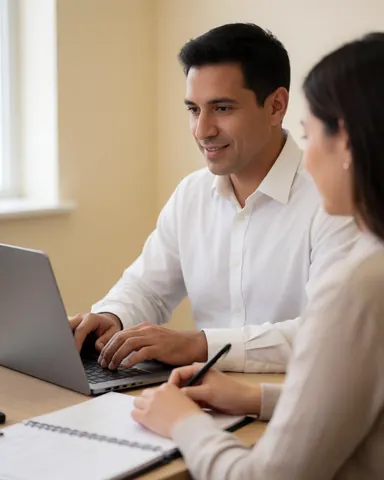 A smiling software manager works on a laptop while a female client takes notes in a notebook during a meeting in a bright office.