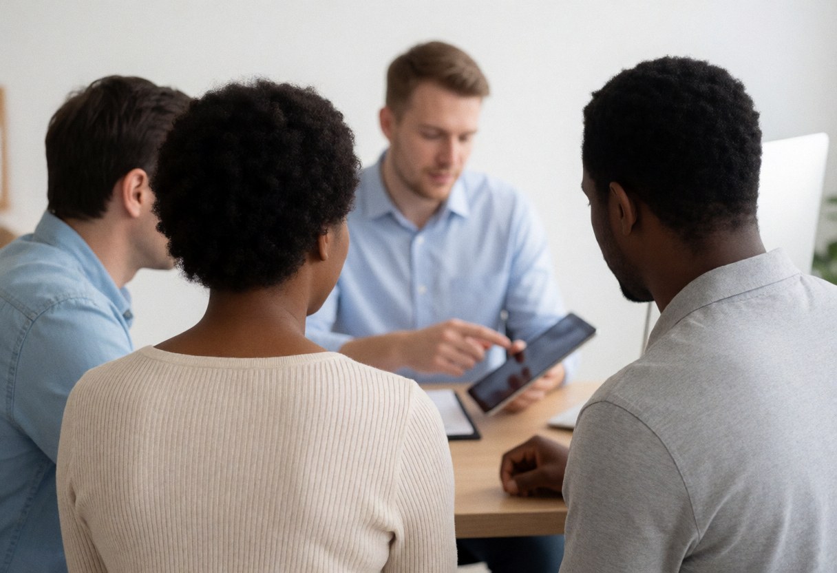 A professional insurance agent explains policy details to a seated couple in a modern office setting using a tablet.