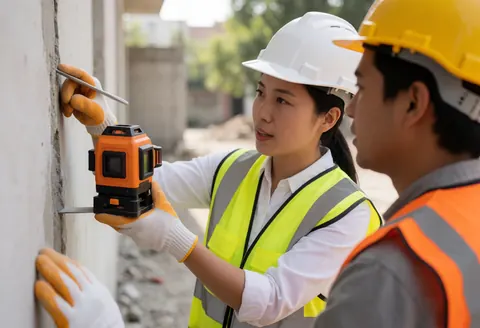Engineer wearing helmet and vest measures wall with laser level while client in hard hat observes the work closely.
