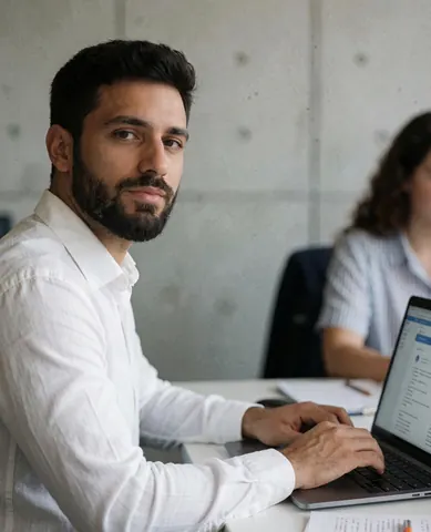 Young bearded man in a white shirt working on a laptop in an office with concrete walls, looking at the camera.