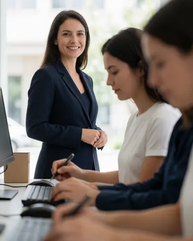 Smiling human resources manager in office observing team working at computers with natural light and collaborative atmosphere