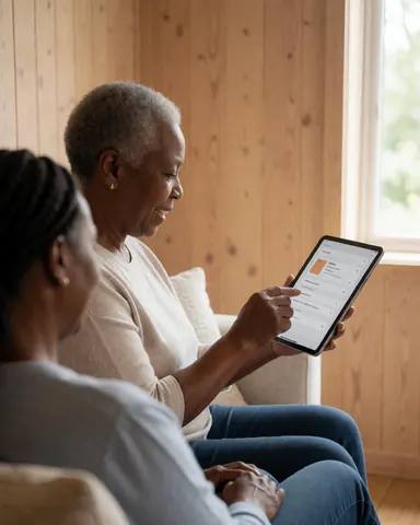 A smiling senior woman sits in a chair using a tablet in a wooden living room with natural light from a window