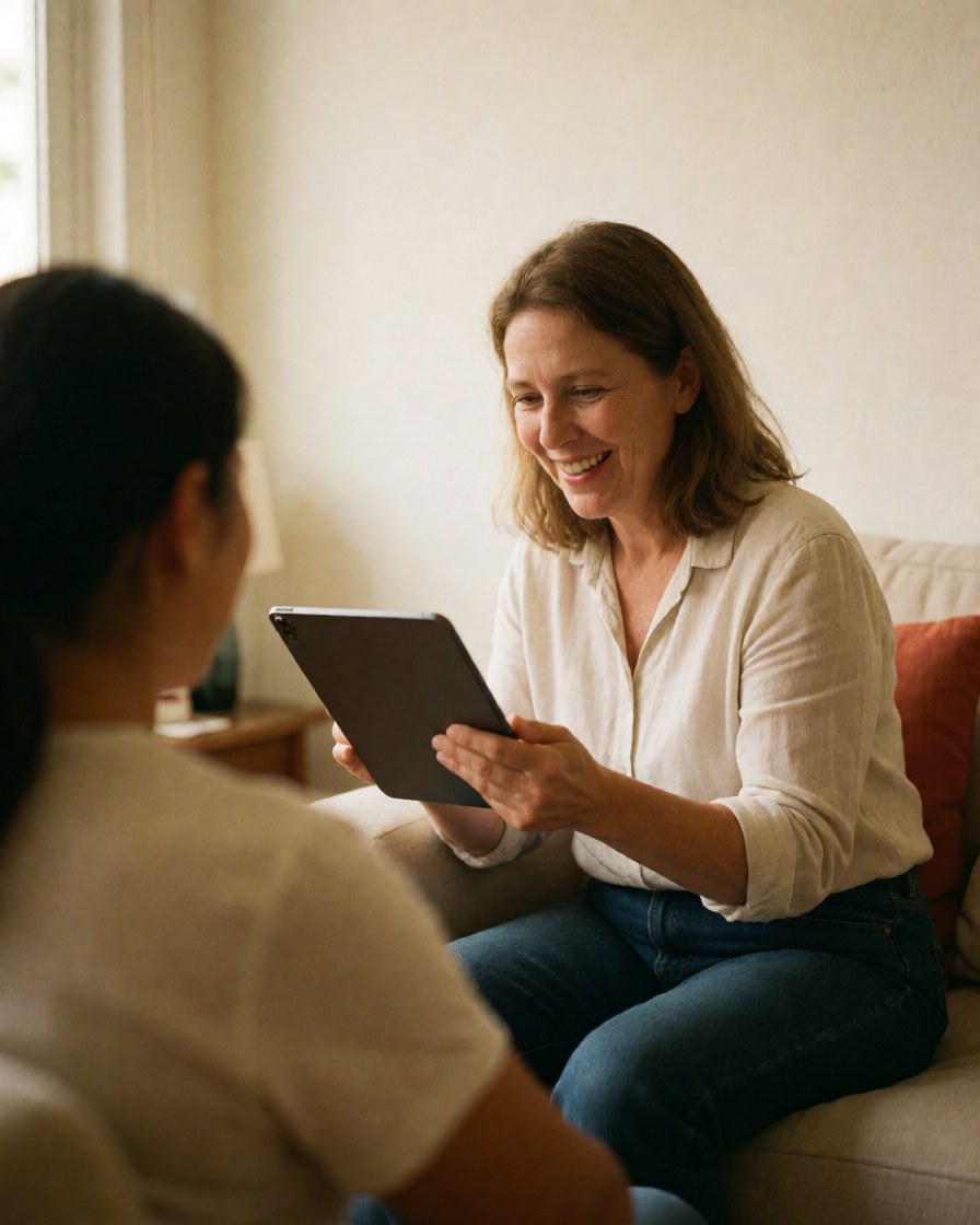 Smiling woman sitting on a sofa with red cushions, using a tablet in a bright living room while working on software.
