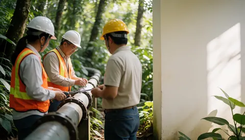 Three technicians in safety helmets and vests measure a pipeline in a green forest with natural light and dense vegetation.