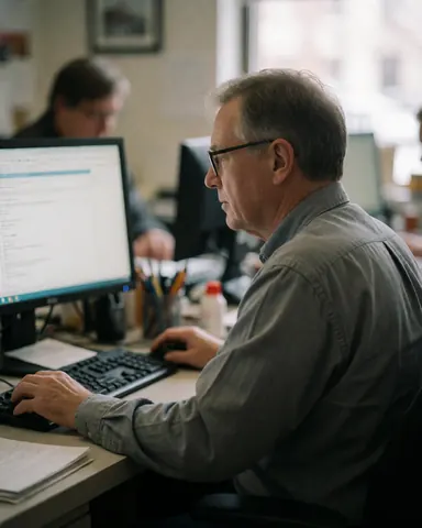 A professional insurance agent sits at a modern office desk, focused on working on a computer with a keyboard and mouse nearby.