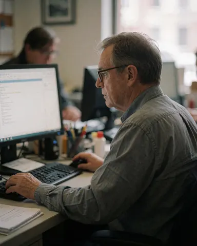 A professional insurance agent sits at a modern office desk, focused on working on a computer with a keyboard and mouse nearby.