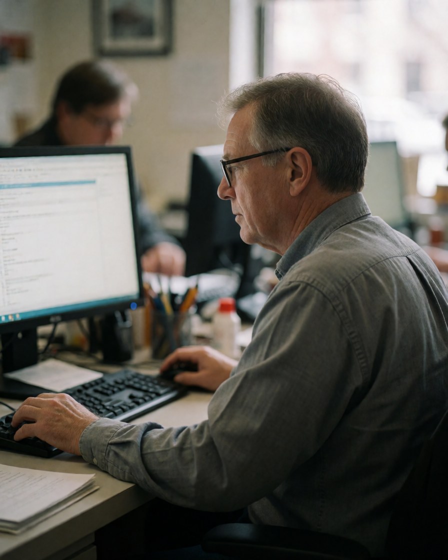 A professional insurance agent sits at a modern office desk, focused on working on a computer with a keyboard and mouse nearby.