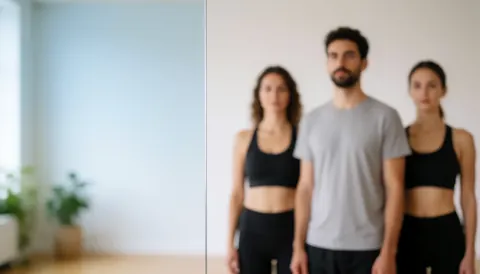 A soft focus background of a modern yoga studio featuring large mirrors, green plants, and bright natural light, suitable for text overlay.
