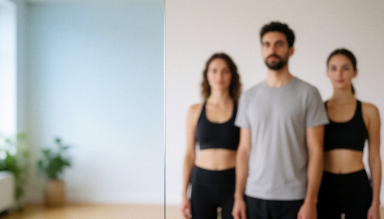 A soft focus background of a modern yoga studio featuring large mirrors, green plants, and bright natural light, suitable for text overlay.