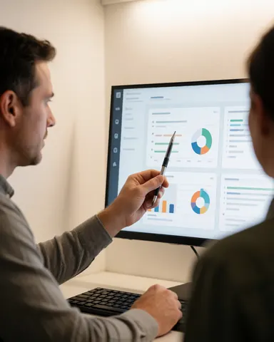 A manager reviews data graphics on a large monitor in a professional office setting with soft lighting.