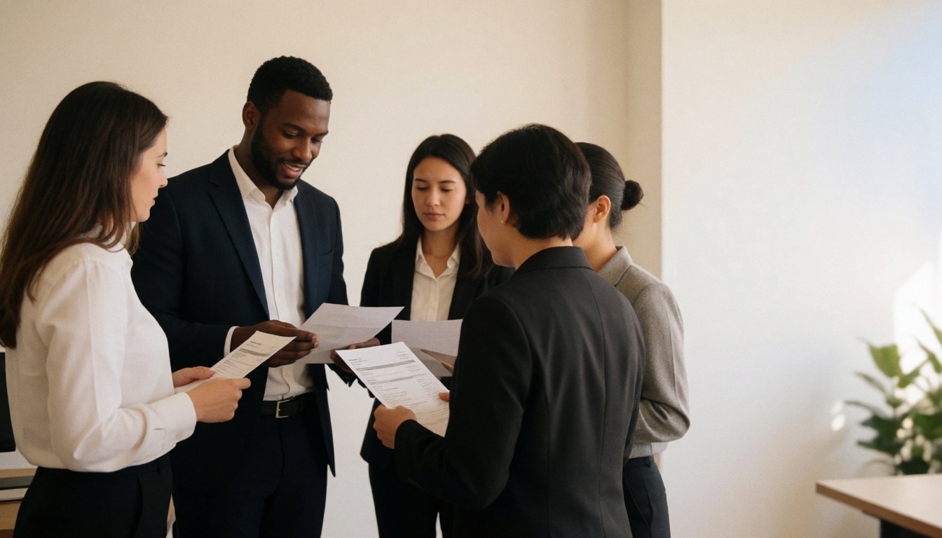 Diverse HR professionals in formal attire reviewing job resumes at a modern office desk with natural light and white walls