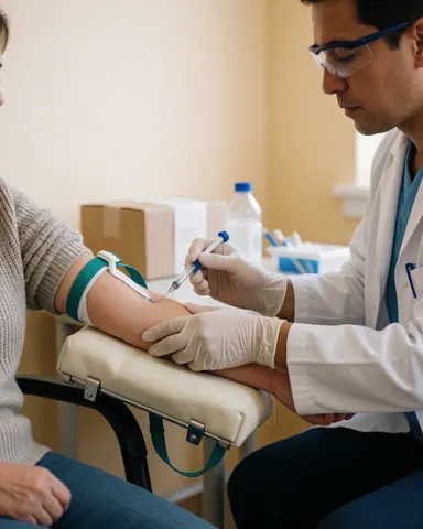 A medical professional wearing gloves and a lab coat draws a blood sample from a patient's arm using a tourniquet and syringe in a clinical setting.