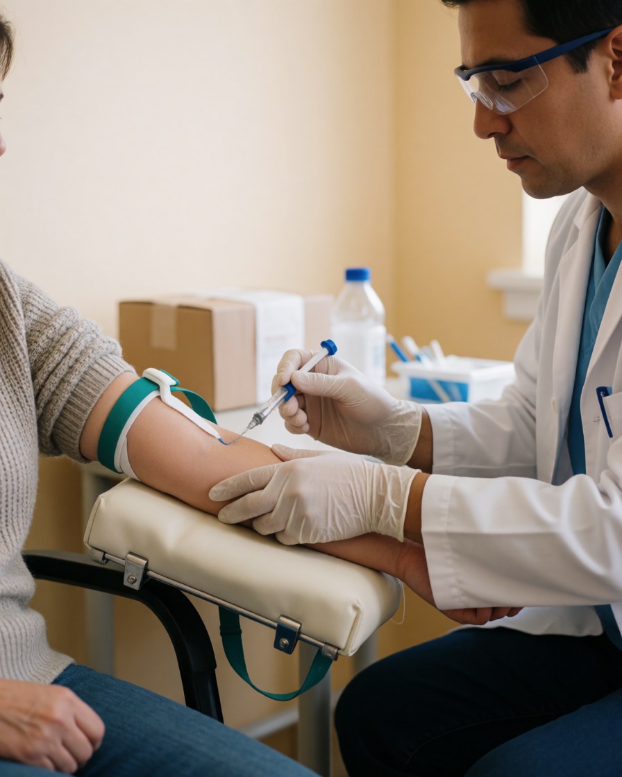A medical professional wearing gloves and a lab coat draws a blood sample from a patient's arm using a tourniquet and syringe in a clinical setting.