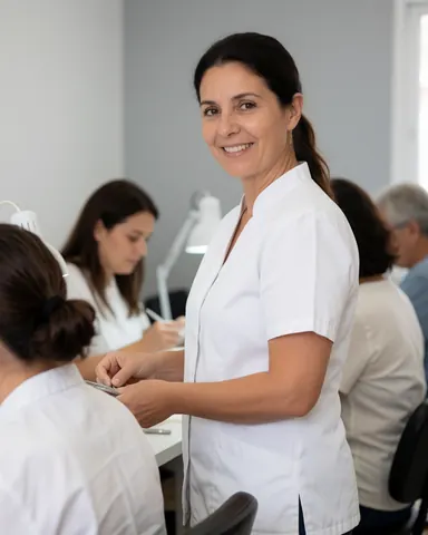 A nail technician in a white uniform works on a client's hands at a salon table with professional tools and natural lighting