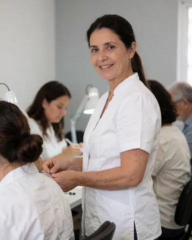A nail technician in a white uniform works on a client's hands at a salon table with professional tools and natural lighting