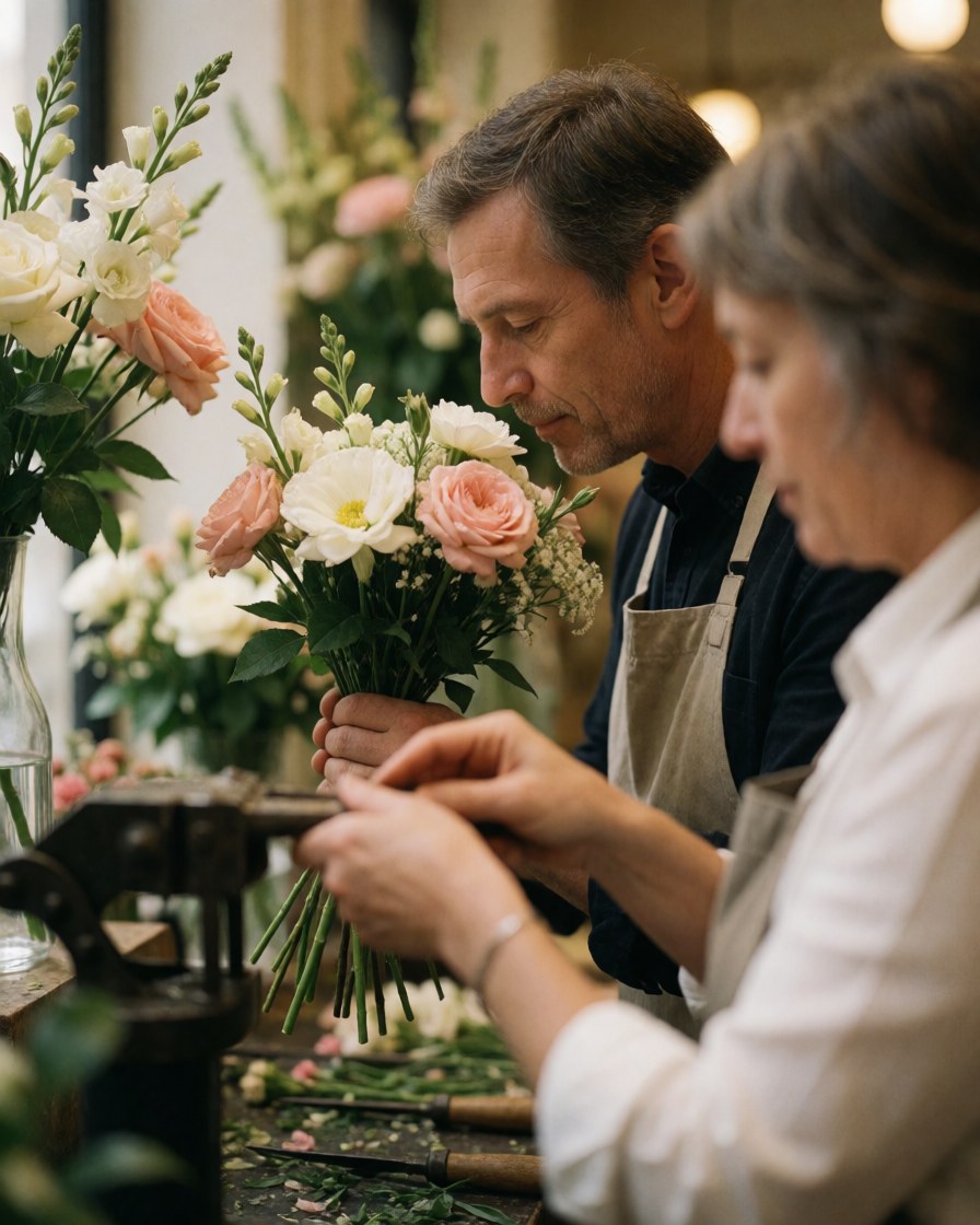 A man stands in a flower shop smelling the scent of fresh flowers, showcasing customer satisfaction and the pleasant atmosphere of a florist business.