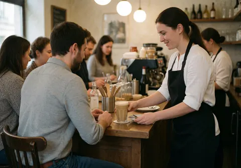 A waitress pours coffee for a seated customer at a busy bar counter with other patrons and a coffee maker in the background