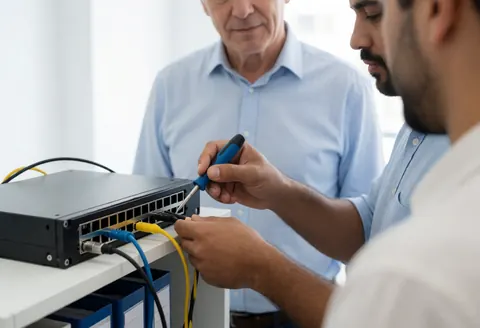 IT technician using a screwdriver to adjust cables on a network switch while a client observes closely in a modern office setting.