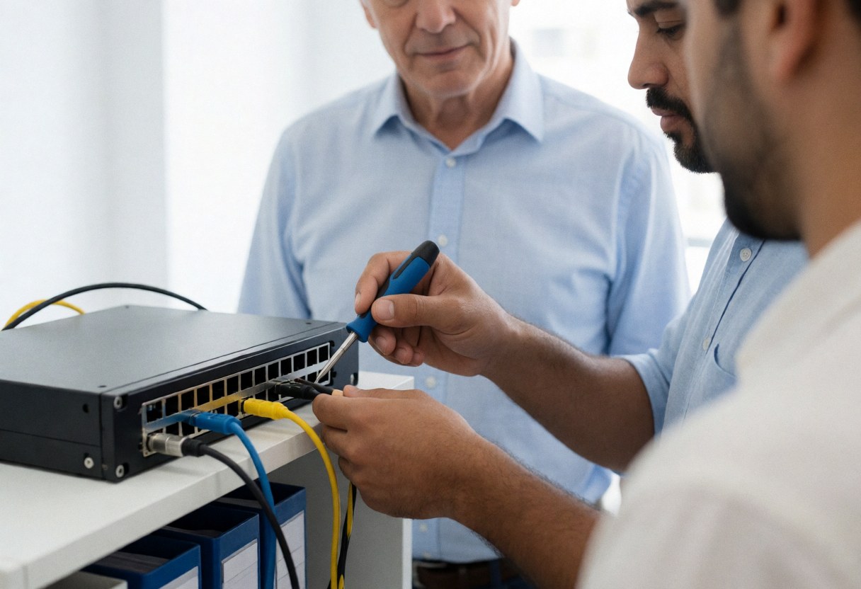 IT technician using a screwdriver to adjust cables on a network switch while a client observes closely in a modern office setting.