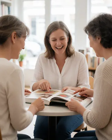 Three women laughing while looking at a large art book on a round table in a bookstore with bookshelves in the background